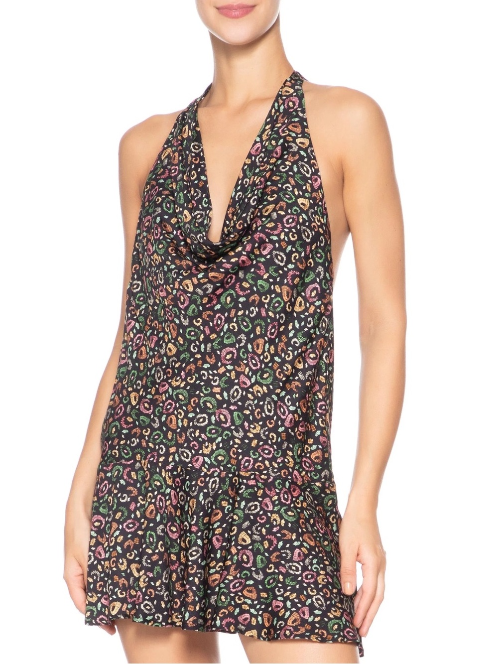 NWT Farm Rio Black Multi Leopard-Print Halter Cotton Blend Mini Dress size XL